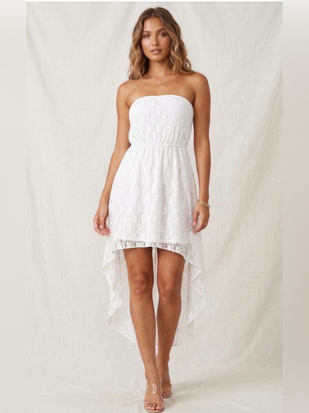 White Floral Lace Strapless High Low Dress Boho Cocktail Mini XXL/19